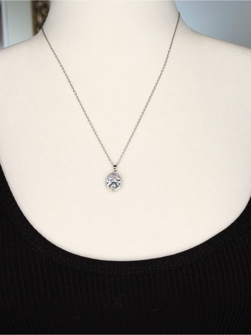Silver Tone Oval Crystal Halo Pendant Necklace Bridal Wedding Sparkle Jewelry